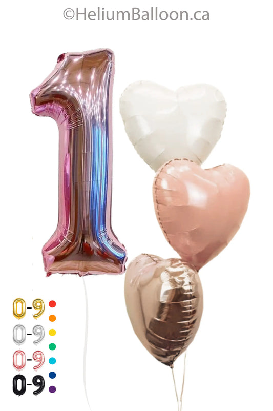DUO - Large Number Balloon (Black, Gold, Silver or Rose Gold) + Hearts Balloons (Choose Your Colors)