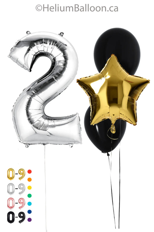 DUO - Large Number Balloon (Black, Gold, Silver or Rose Gold) + Stars + Latex Balloons (Choose Your Colors)