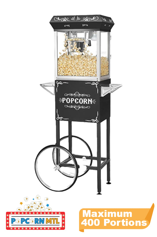 black-machine-rental-popcorn-with-cart-Popcorn-Rental-Montreal-delivery-Livraison-Location-machine-popcorn-Montreal-Location-machine-popcorn-avec-chariot