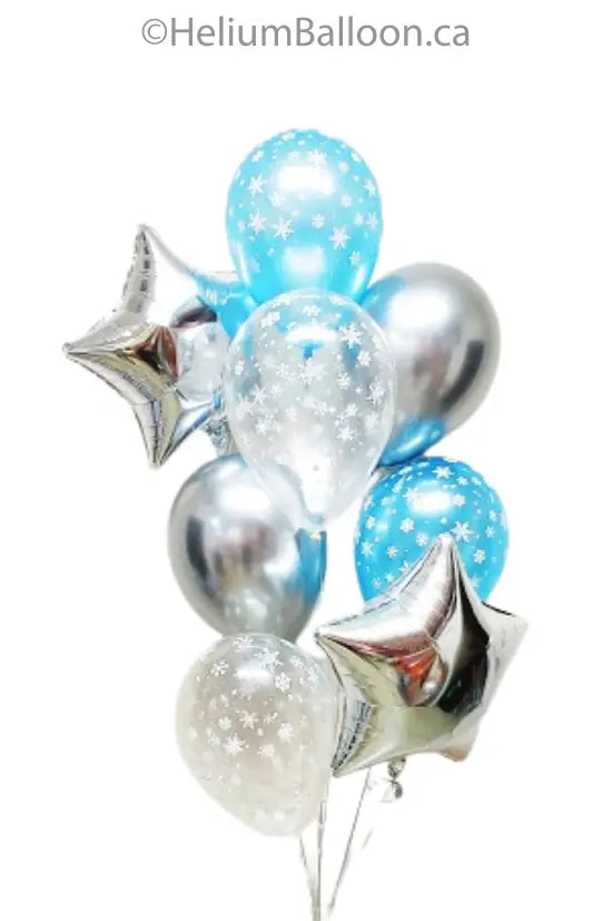 Bouquet 10 Ballons - Flocons de neige - Transparent, Argent Chromé et Bleu