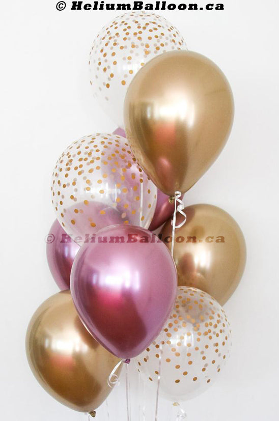 Bouquet 9 Ballons - Or, Rose Chrome et Confettis