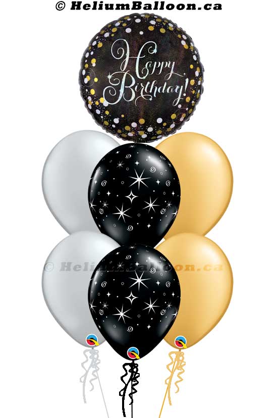Super Bouquet Happy Birthday Ballon Noir, Or et Argent 18 pouces