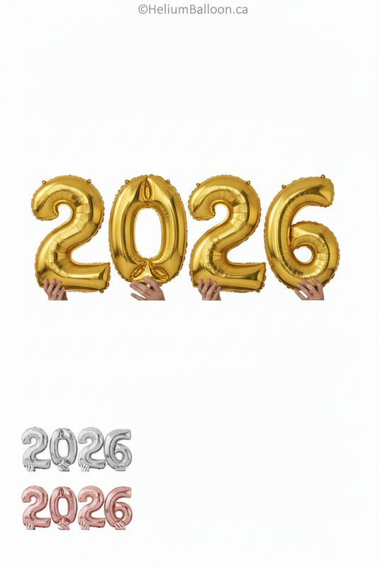 Gold '2026' balloons held by hands on a white background with 'HeliumBalloon.ca' text.