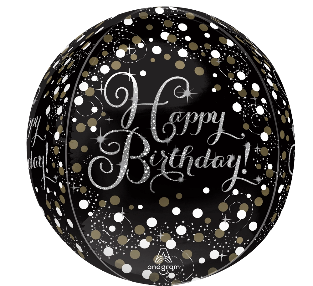 Sparkling Happy Birthday - Chic - Black, Silver & Confetti - Sphere shaped Balloon 16"