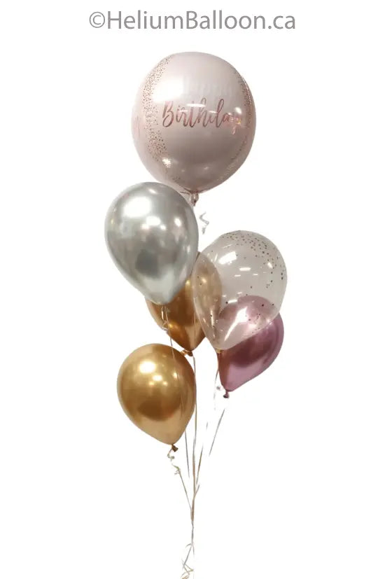 Bouquet 6 Ballons - Happy Birthday  - Rose, Or et Confettis