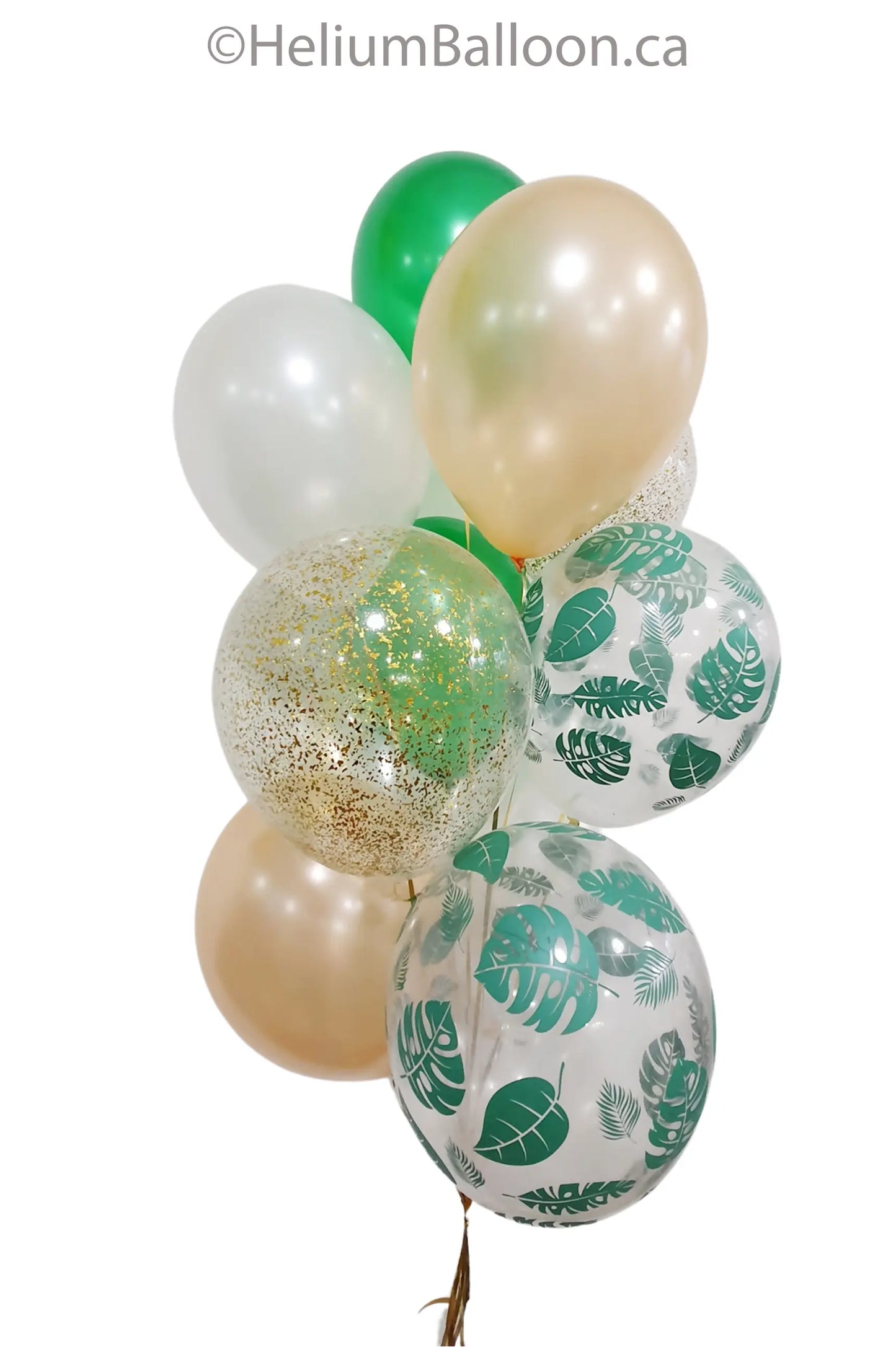 Bouquet-helium-Balloons-Green-Peach-Leaf-Confettis-ballon-helium-bouquet-vert-feuille-peche-confetti-livraison-montreal