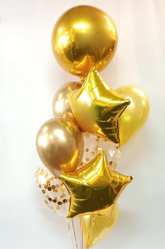 Bouquet 9 Balloons - Chrome Gold Confetti & Stars