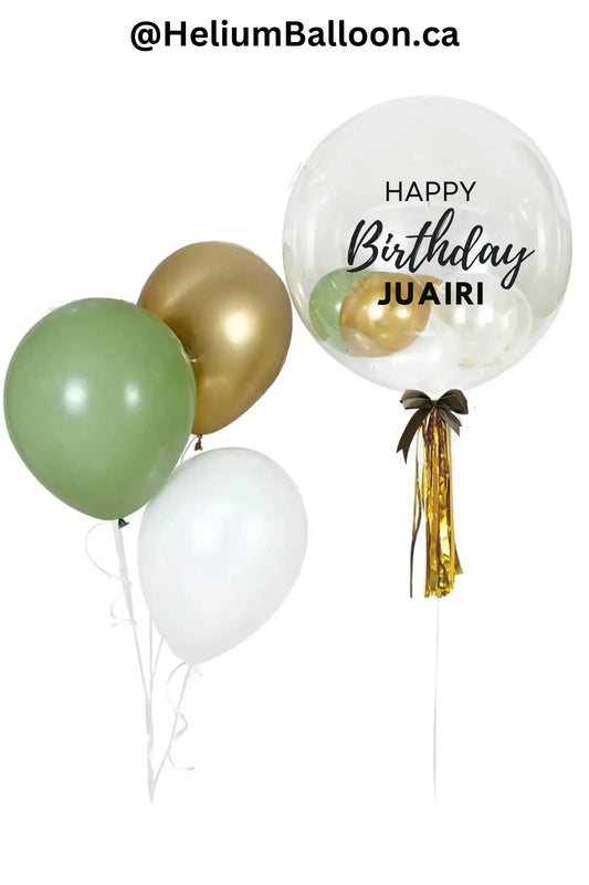 Custom Text - Bubble Bouquet - Eucalyptus Green & Gold & White - Mini Balloons inside
