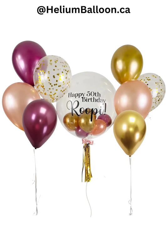 Custom Text - Bubble Bouquet - Burgundy & Gold & Rose Gold - Mini Balloons inside