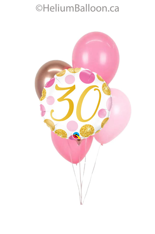 Bouquet 5 Balloons With Age 16/30/40/50/60/70th Gold & Pink