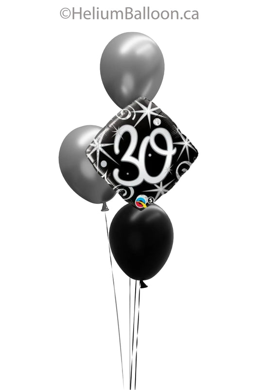 Bouquet de 4 Ballons avec âge 30/40/50/60/70/80 ans - Ballons Noir, Argent Chromé