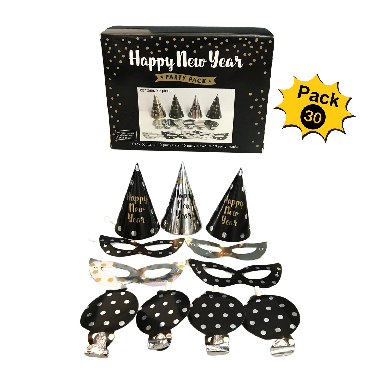 black-silver-gold-Party-Pack-Happy-New-Year-party-Hats-masks-blowouts-set-of-30-montreal