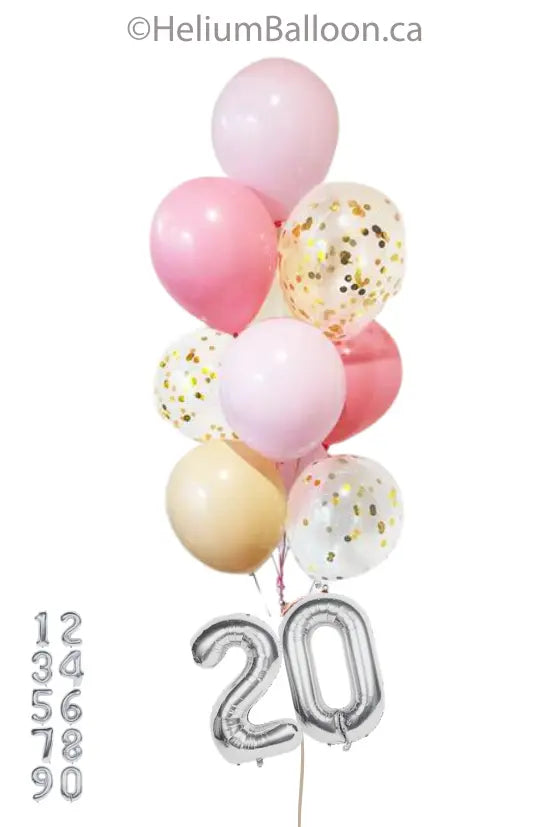 Make Your 10 Balloon Bouquet - CONFETTIS WITH SMALL NUMBERS - (Choose your Colors & Numbers)