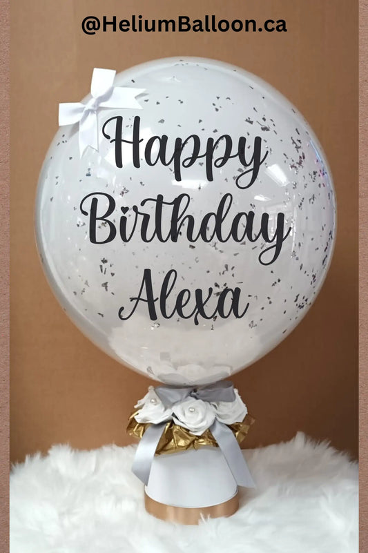 Custom Text - Silver Confettis Balloon Flower Box - Gold, Silver & White - Balloon Gift