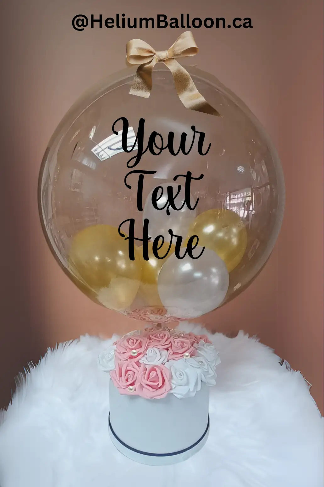 Custom Text - Mini Balloons with 18 Flowers Box - Gold, Pink & White - Balloon Gift