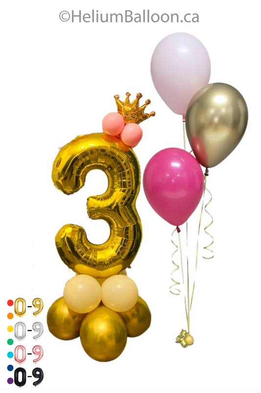 DUO - Large Number Balloon (Black, Gold, Silver or Rose Gold) + Gold Crown + Latex Balloons (Choose Your Colors)