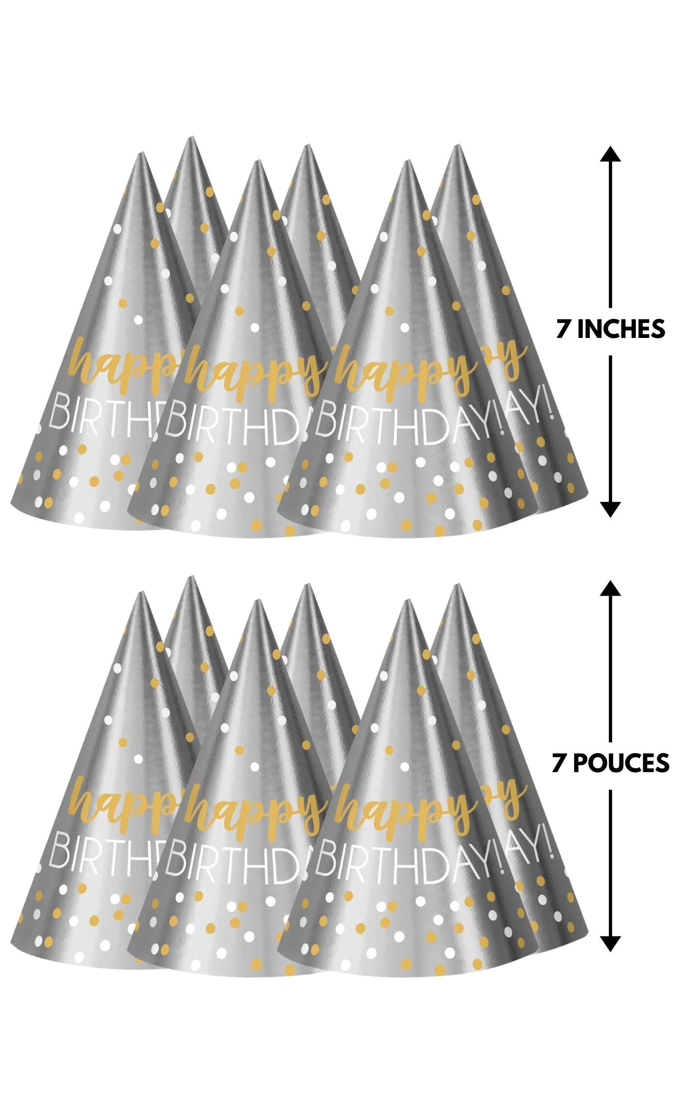 12 Cone Hats Birthday Accessories Silver & Gold Foil / Paper - 7 inches
