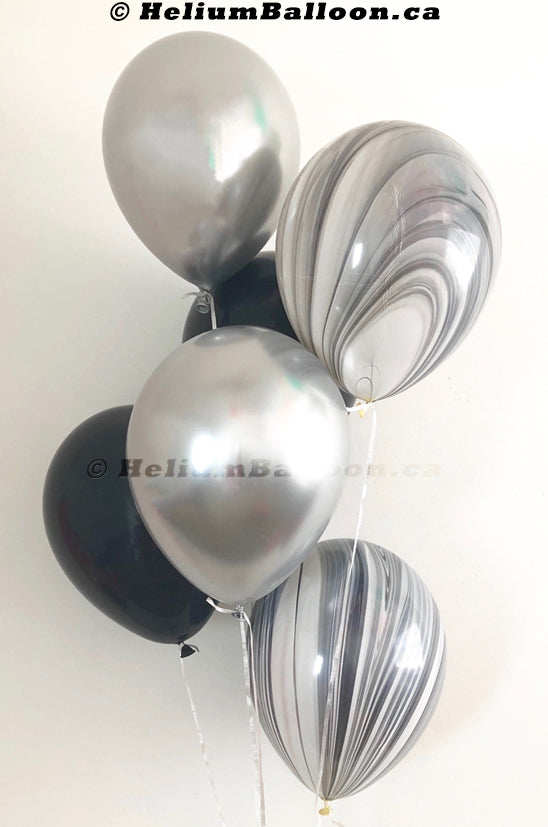 Bouquet 6 Latex Balloons - Chrome Silver & Black