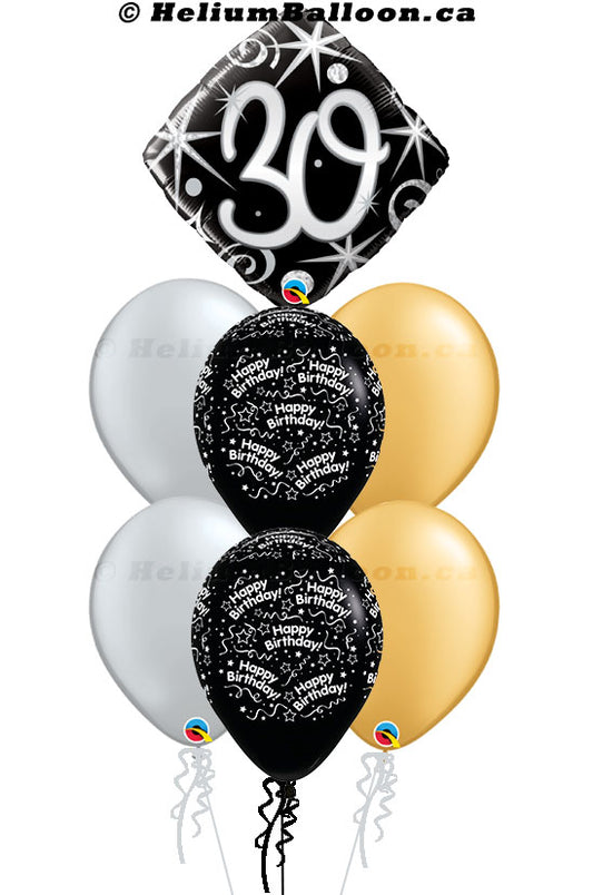 Super Bouquet Age 30/40/50/60/70/80th with Bonne Fête/Happy Birthday - Black, Gold & Silver Balloons