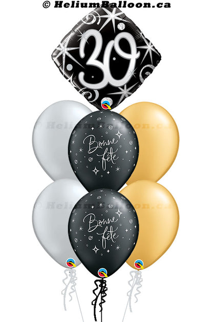 Super Bouquet Age 30/40/50/60/70/80th with Bonne Fête/Happy Birthday - Black, Gold & Silver Balloons