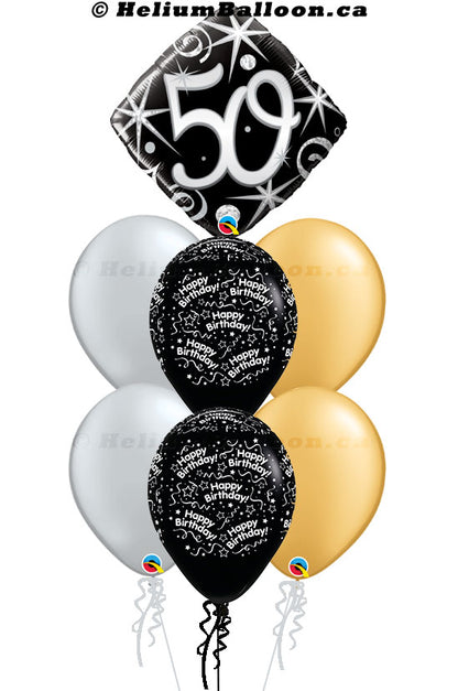 Super Bouquet Age 30/40/50/60/70/80/90th with Bonne Fête or Happy Birthday - Classic Black, Gold & Silver