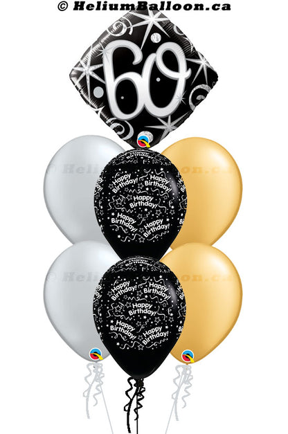 Super Bouquet Age 30/40/50/60/70/80/90th with Bonne Fête or Happy Birthday - Classic Black, Gold & Silver