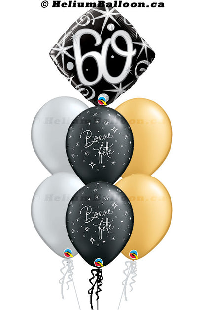 Super Bouquet Age 30/40/50/60/70/80th with Bonne Fête/Happy Birthday - Black, Gold & Silver Balloons