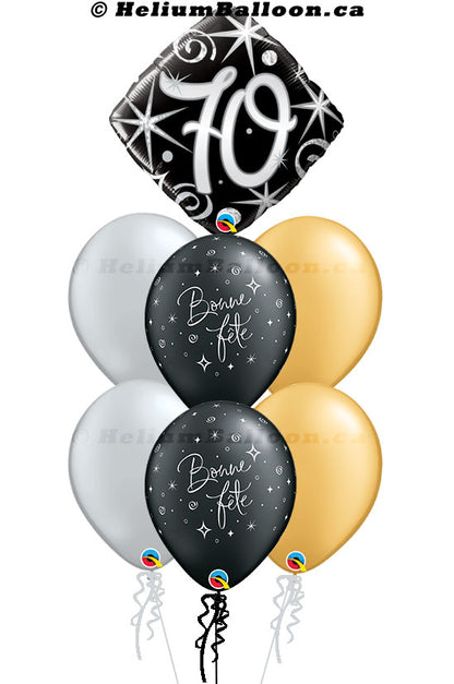 Super Bouquet Age 30/40/50/60/70/80th with Bonne Fête/Happy Birthday - Black, Gold & Silver Balloons