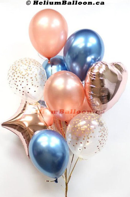 Bouquet 11 Balloons Rose Gold - Chrome Blue & Confetti