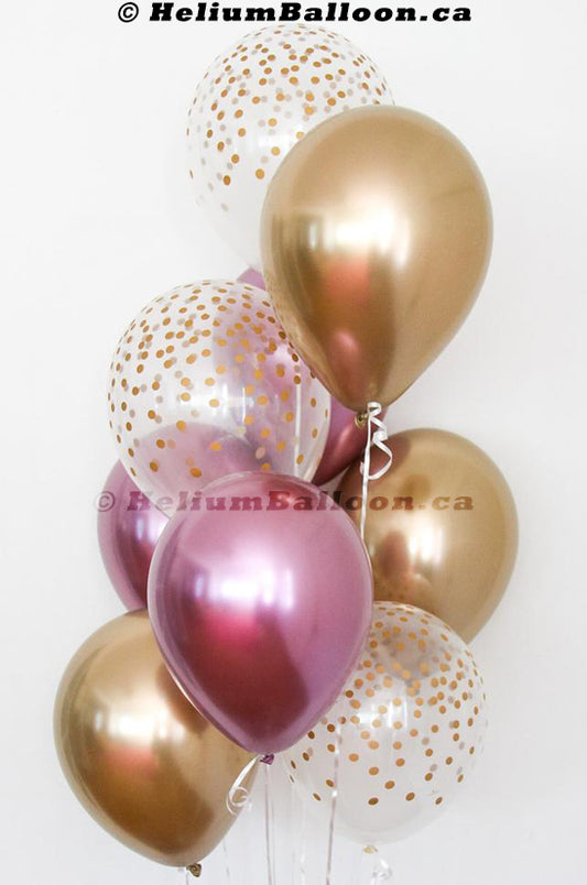 Bouquet 9 Ballons Or, Rose Chrome et Confettis