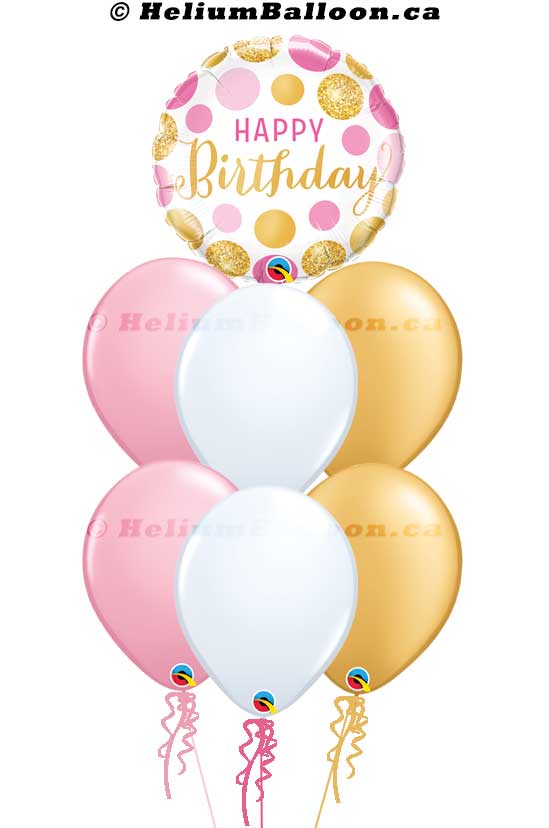 BQM6B0015-Happy birthday pink gold white confetti helium balloon bouquets Delivery Montreal By HeliumBalloon.ca