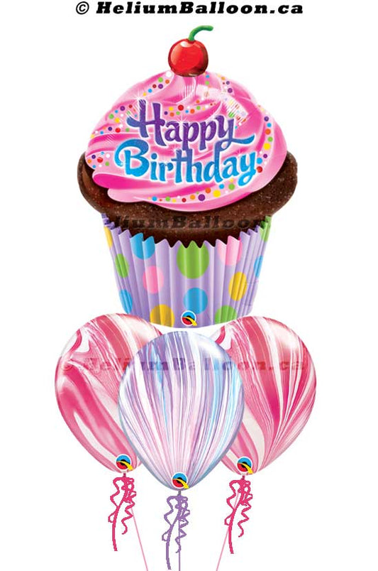 BQS3B0063-Happy birthday muffin pink marble helium balloon bouquets Delivery Montreal By HeliumBalloon.ca