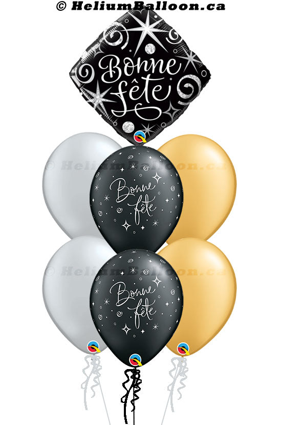 Super Bouquet Bonne Fête ou Happy Birthday Ballon Noir , or et Argent 18 pouces