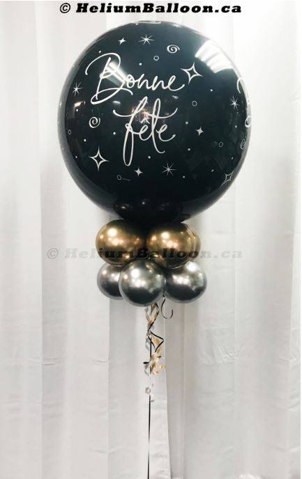 Giant Bonne Fête - Black, Gold & Silver Chrome - Latex Balloon 34''
