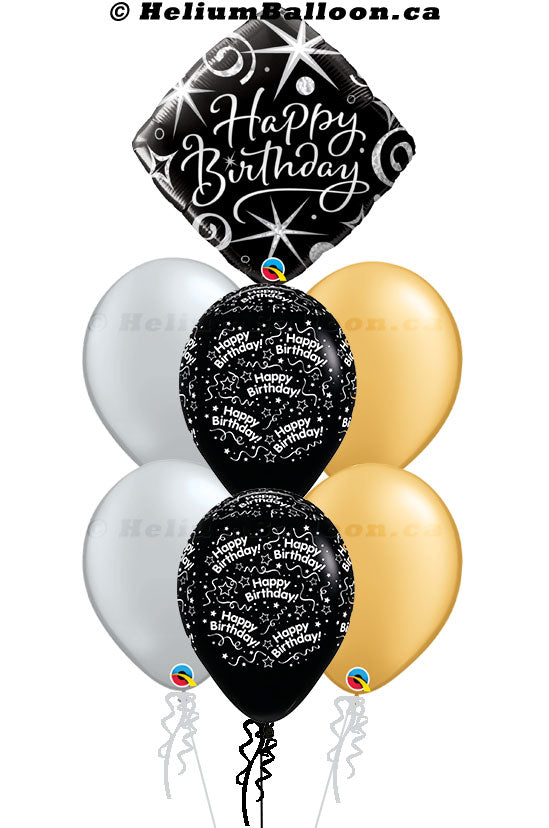 Super Bouquet Bonne Fête or Happy Birthday Black & Silver Balloon 18"