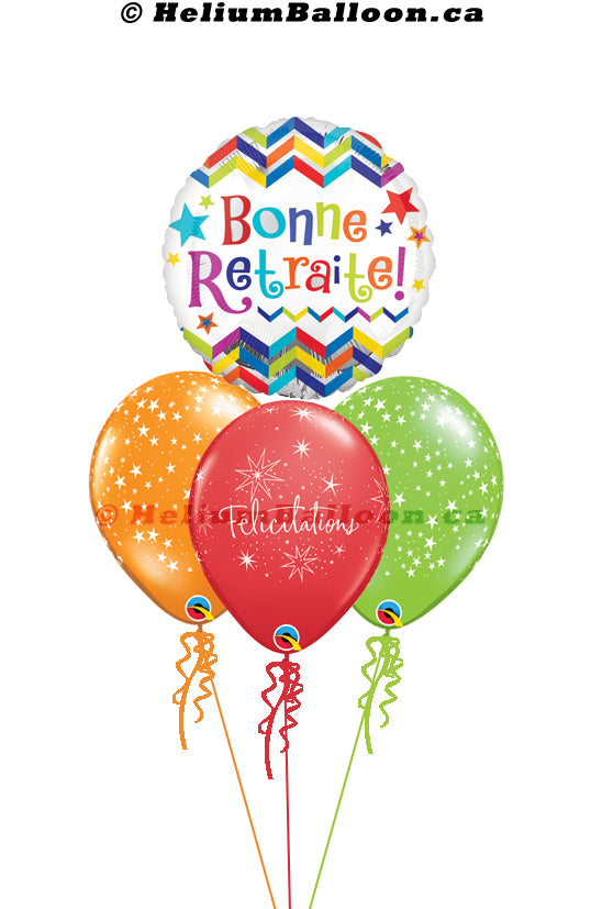 A bouquet of balloons including a metallic 'Bonne Retraite' balloon, two latex 'Multi Stars' balloons, and one latex 'Félicitations' balloon, all in colors red, green, and orange with decorations and messages in French.