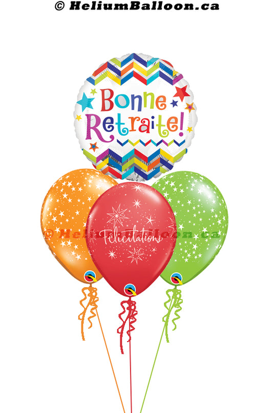 A bouquet of balloons including a metallic 'Bonne Retraite' balloon, two latex 'Multi Stars' balloons, and one latex 'Félicitations' balloon, all in colors red, green, and orange with decorations and messages in French.